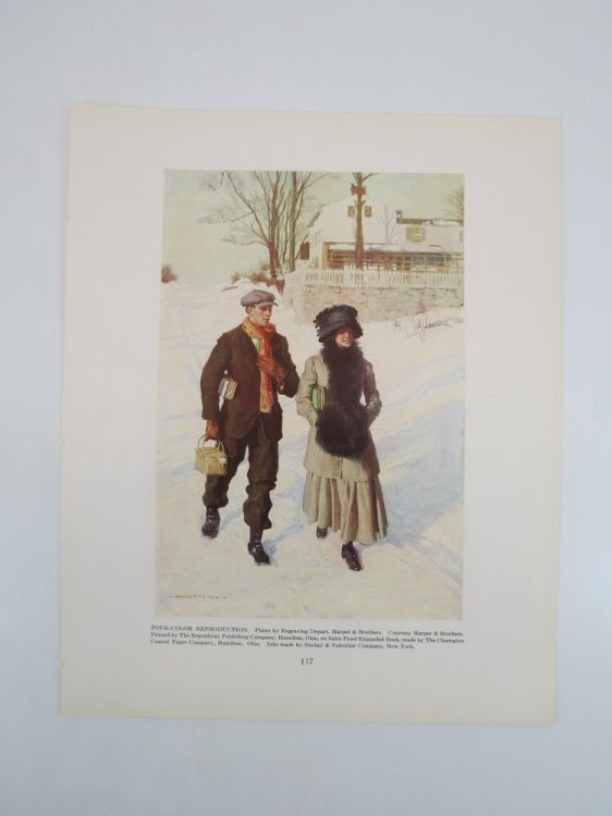 ANTIQUE 1914 HOWARD SMITH COUPLE LOVE WINTER WALK PRINT