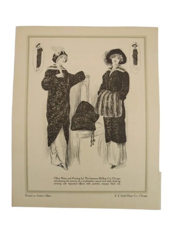 ANTIQUE 1914 LADIES' FASHION FURS & FEATHER HATS PRINT