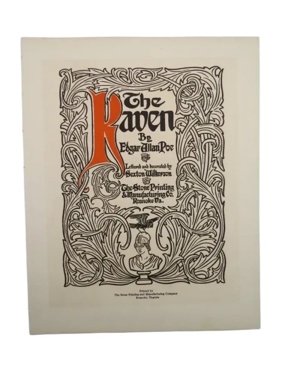 ANTIQUE 1914 THE RAVEN BY EDGAR ALLEN POE 4-PAGE ART NOUVEAU CARD PRINT