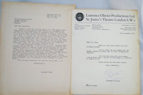 PAIR OF LETTERS BETWEEN ACTOR LEONARD DRUM AND LAURENCE OLIVIER (SIGNED)