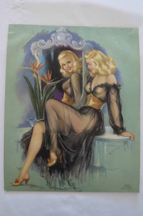 JULES ERBIT VINTAGE 3D PIN-UP LITHOGRAPH CALENDAR PRINT - 'REFLECTED BEAUTY' - 8
