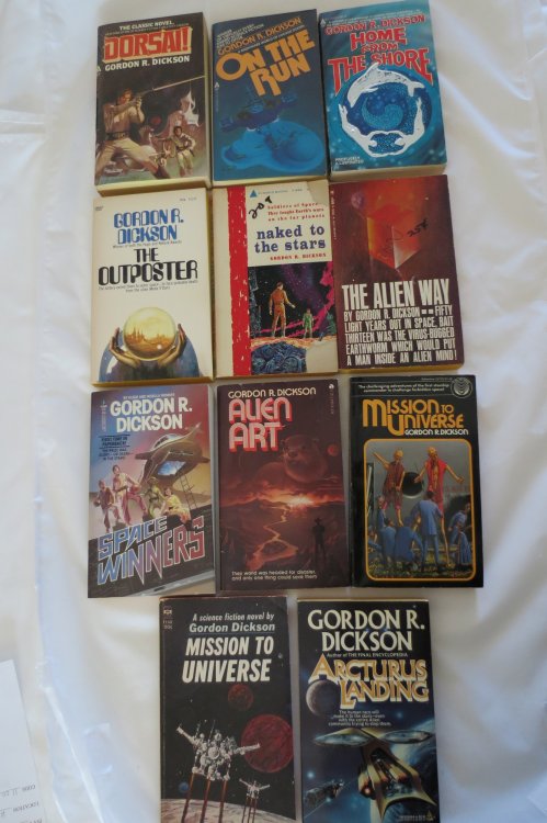 11 BOOKS: SPACE WINNERS; ALIEN ART; MISSION TO UNIVERSE (2 COPIES) ; THE ALIEN WAY; ARCTURUS LANDING; DORSAI!; NAKED TO THE STARS; ON THE RUN; HOME FROM THE SHORE; THE OUTPOSTER (Signed by Author)