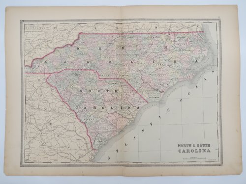 ORIGINAL 1888 HAND COLORED BRADLEY-MITCHELL MAP OF NORTH & SOUTH CAROLINA 19