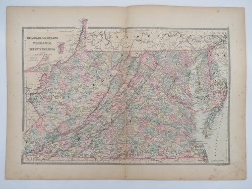 ORIGINAL 1888 HAND COLORED BRADLEY-MITCHELL MAP OF DELAWARE, MARYLAND, VIRGINIA, & WEST VIRGINIA 19