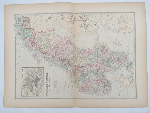 ORIGINAL 1888 HAND COLORED BRADLEY-MITCHELL MAP OF SWEDEN & NORWAY, SCANDINAVIA 19