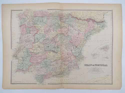 ORIGINAL 1888 HAND COLORED BRADLEY-MITCHELL MAP OF SPAIN & PORTUGAL 19