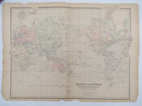 ORIGINAL 1888 HAND COLORED BRADLEY-MITCHELL MAP CHART WORLD ON MERCATORS PROJECTION 19