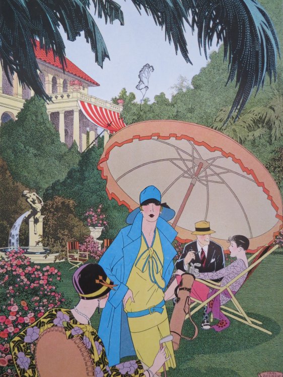 VINTAGE ART DECO GARDEN PARTY COLOR PRINT
