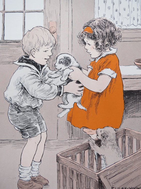 VINTAGE CHILDREN & PUPPIES FROM FOUR-YEAR-OLD'S STORY-BOOK COLOR PRINT