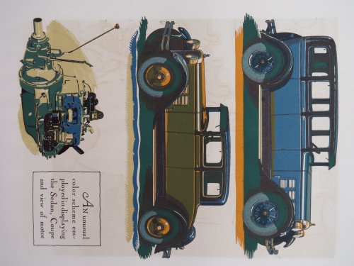VINTAGE DODGE BROTHERS SENIORLINE COUPE, SEDAN, MOTOR WOODCUT COLOR PRINT