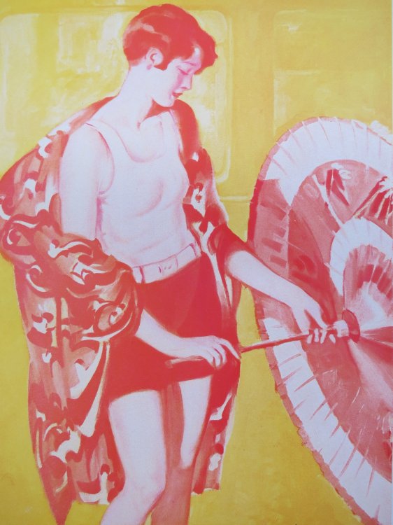 VINTAGE ART DECO LOVELY LADY PARISOL RED & YELLOW PRINT
