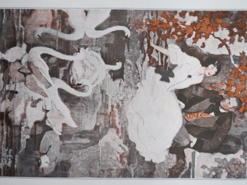 VINTAGE LOVERS BY POND, SWANS COLOR PRINT