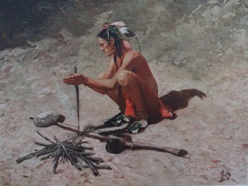 VINTAGE NATIVE AMERICAN INDIAN STARTING FIRE COLOR PRINT