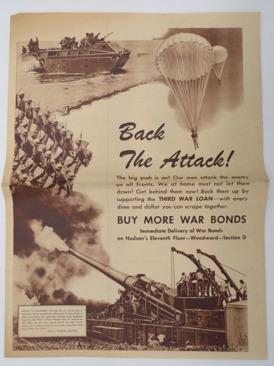 BACK THE ATTACK - BUY MORE WAR BONDS - J. L. HUDSON COMPANY 4-PAGE ADVERTISEMENT