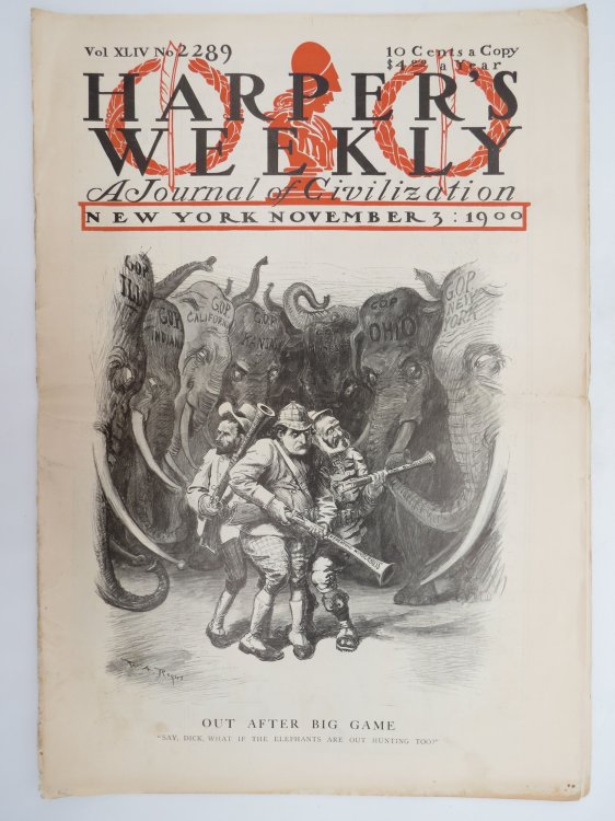 HARPER'S WEEKLY MAGAZINE, NOVEMBER 3, 1900 (GOP OUT AFTER BIG GAME POLITICAL COVER)