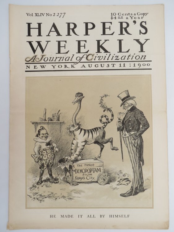 HARPER'S WEEKLY MAGAZINE, AUGUST 11, 1900 (UNCLE SAM COVER - THE FIERCE DEMOPOPTAN FROM KANSAS CITY)