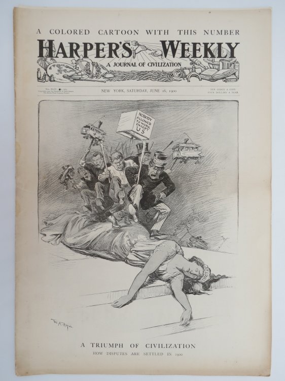HARPER'S WEEKLY MAGAZINE, JUNE 16, 1900 (FULL PAGE COLOR PRINT: VICE PRESIDENTIAL POSSIBILITIES, AN ELEPHANT RIDER-OF EXPERIENCE)