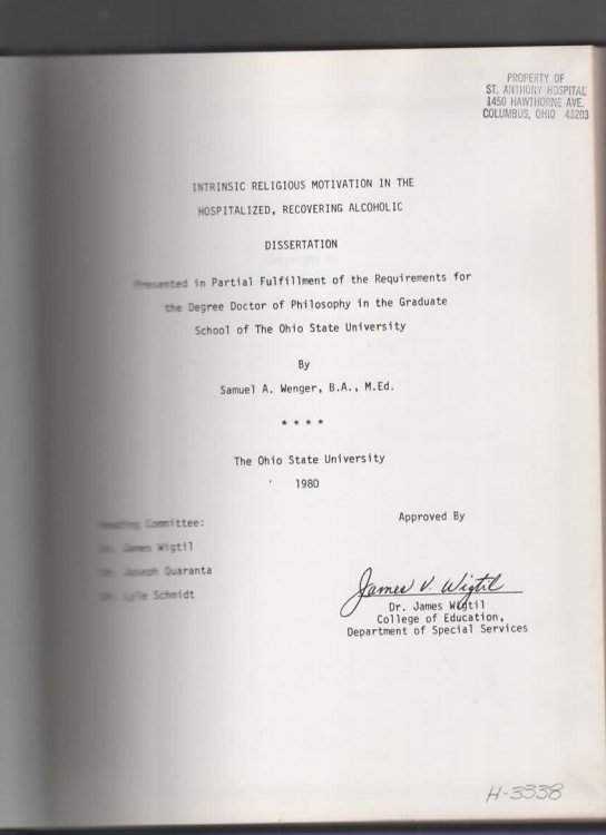 INTRINSIC RELIGIOUS MOTIVATION IN THE HOSPITALIZED RECOVERING ALCOHOLIC Presented in Partial Fulfillment of the Requirements for the Degree Doctor of Philosophy in the Graduate School of the Ohio State University.
