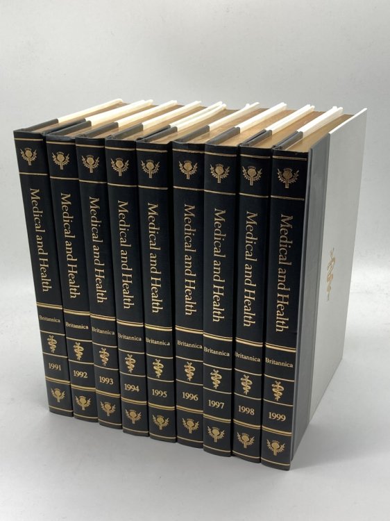 Encyclopaedia Britannica Medical and Health Annuals 1991 through 1999 - 9 Hardcover Lot - 1991; 1992; 1993; 1994; 1995; 1996; 1997; 1998; 1999