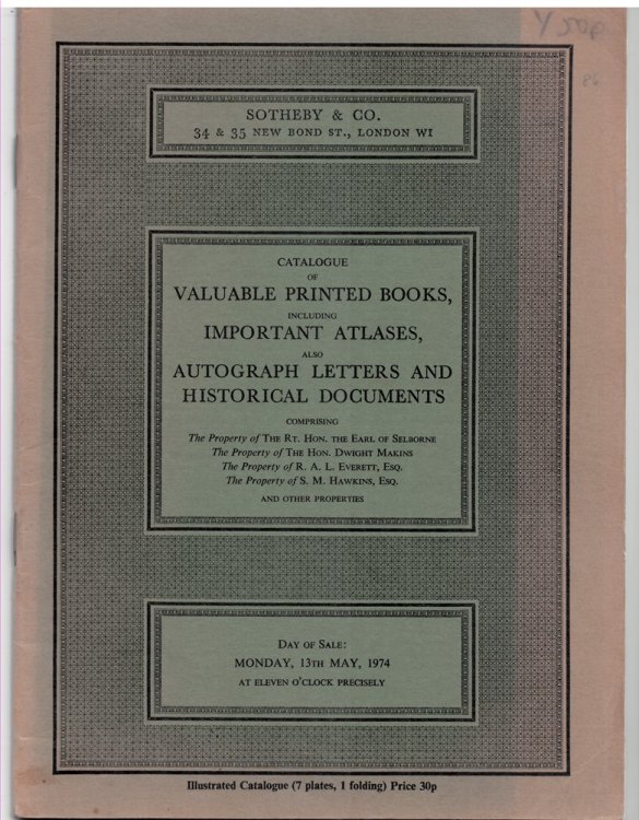 Catalogue of Valuable Printed Books, Including Important Atlases, Also Autograph Letters and Historical Documents Including Blaeu's Atlas Major, 11 Vol. , 1662, . Day of Sale: Monday, 13th May, 1974