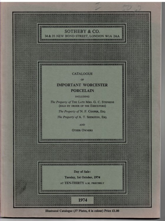 Catalogue of Important Worcester Porcelain of the First Period and Fine Lund's Bristol Also Blue and White Including an 'eloping Bride' Sucrier and Cover. . Day of Sale: Tuesday, 1st October, 1974