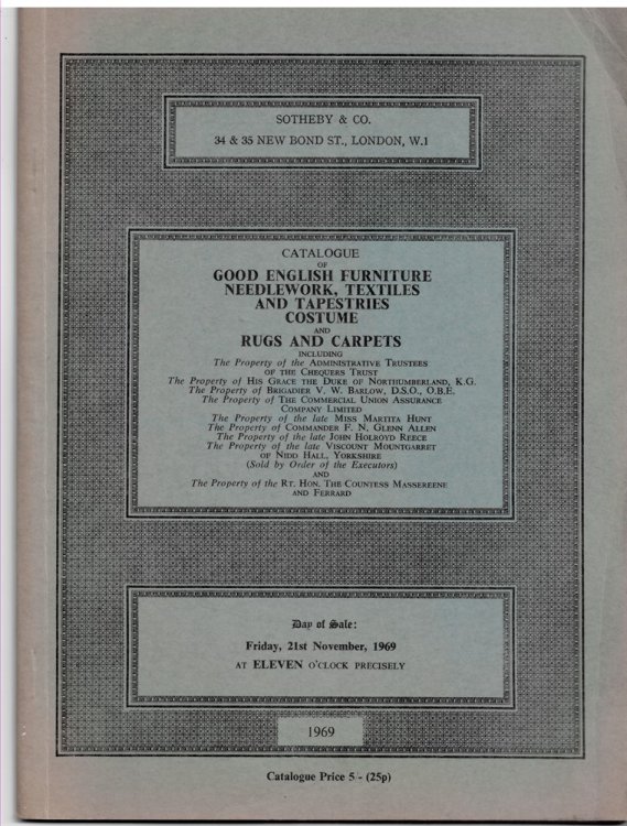 Catalogue of Rugs and Carpets Including a Fine Agra Carpet, an Antique Indo-Isfahan Carpet, a Fine Sparta Carpet. Textiles and Needlework Including a Are Set of 18th Century Appliqu Panels, an Important Early 17th Century Anatolian Silk Hanging. Costume
