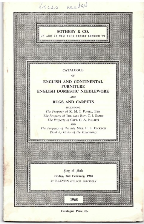 Catalogue of Rugs and Carpets Including a Gorevan Carpet, English Domestic Needlework Including a Fine Mid-17th Century Embroidered Stumpwork Picture . Day of Sale: Friday, 2nd February, 1968