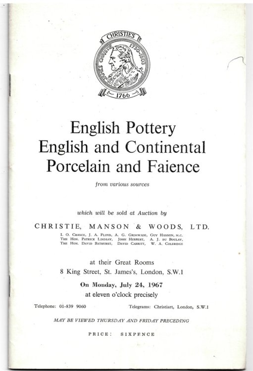 English Pottery, English and Continental Porcelain and Faience from Various Sources . on Monday, July 24, 1967