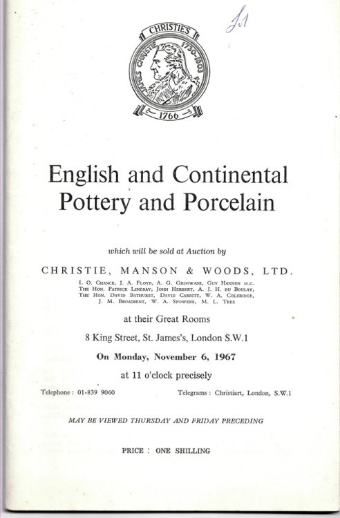 English and Continental Pottery and Porcelain Which Will be Sold At Auction by Christie, Manson & Woods . on Monday, November 6, 1967