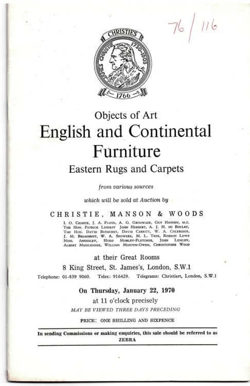 Objects of Art. English and Continetal Furniture. Eastern Rugs and Carpets from Various Sources . on Thursday, January 22, 1970