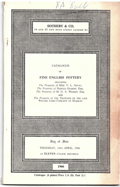 Catalogue of Fine English Pottery Comprising an Important Whieldon Arbour Group . Day of Sale: Thursday, 14th April 1966