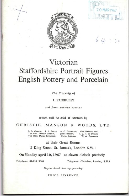 Victorian Staffordshire Portrait Figures, English Pottery and Porcelain. the Property of J. Fairhurst and from Various Sources . on Monday, April 10, 1967