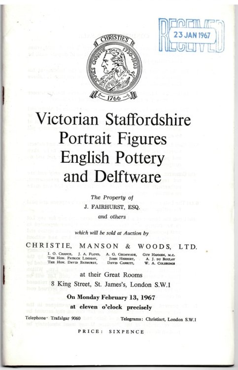 Victorian Staffordshire Portrait Figures. English Pottery and Delftware. the Property of J. Fairhurst, Esq. and Others . on Monday, February 13, 1967