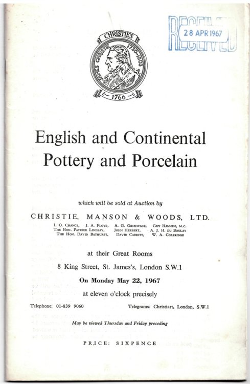 English and Continental Pottery and Porcelain . on Monday, May 22, 1967