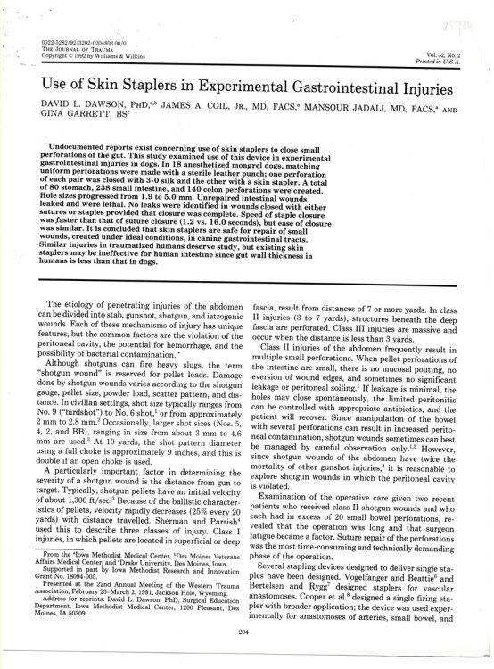 Use of Skin Staplers in Experimental Gastrointestinal Injuries. Offprint from the Journal of Trauma. Vol 32, No. 2 1992