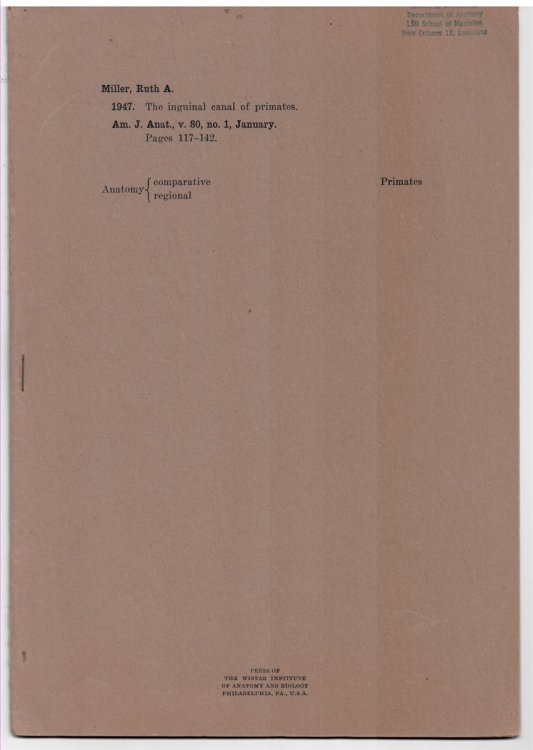 The Inguinal Canal of Primates. Reprinted from the American Journal of Anatomy. Volume 80 No. 1, January 1947
