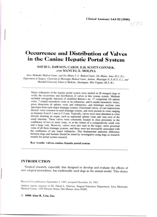 Occurence and Distribution of Valves in the Canine Hepatic Portal System. Offprint from Clinical Anatomy Volume 1 1988