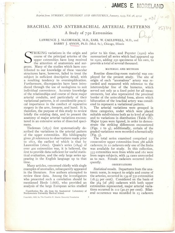 Brachial and Antebrachial Arterial Patterns. a Study of 750 Extremities. Reprint from Surgery, Gynecology and Obstetrics, January, 1953, Volume 96