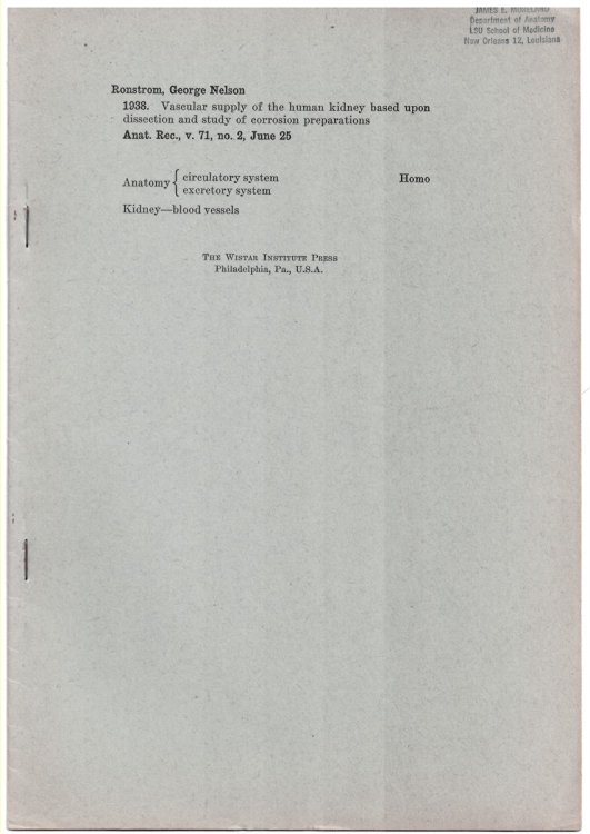 Vascular Supply of the Human Kidney Based Upon Dissection and Study of Corrosion Preparations. Offprint from the Anatomical Record, Volume 71, No. 2, June 25