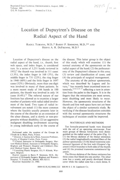 Location of Dupuytren's Disease on the Radial Aspect of the Hand. Reprinted from Clinical Orthopaedics. August, 1982. Volume 168