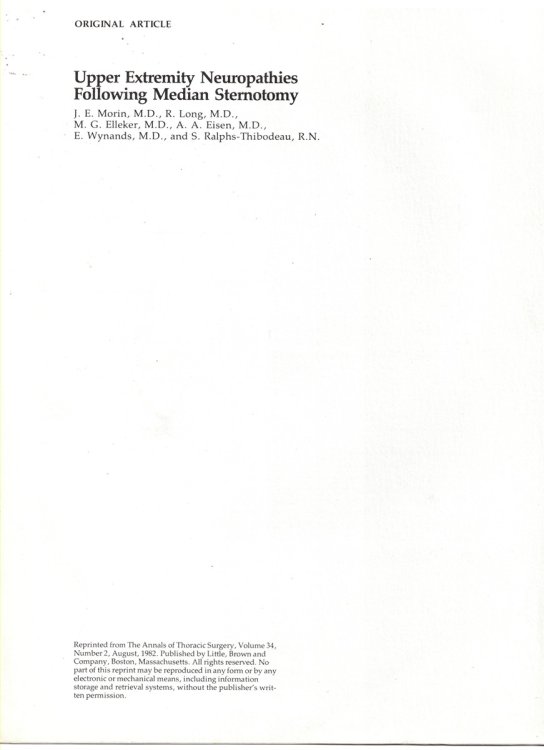 Upper Extremity Neuropathies Following Median Sternotomy. Reprinted from the Annals of Thoracic Surgery, Volume 34, Number 2, August, 1982