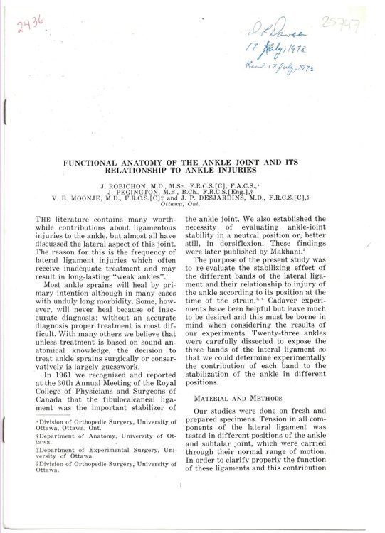 Functional Anatomy of the Ankle Joint and its Relationship to Ankle Injuries. Reprinted from the Canadian Journal of Surgery, Volume 15, No. 3 - May 1972