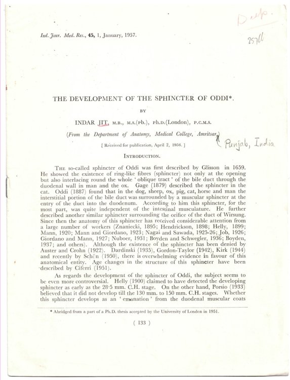 The Development of the Sphincter of Oddi. Reprinted from the Indian Journal of Medical Research. Volume 45, No. 1, January 1957