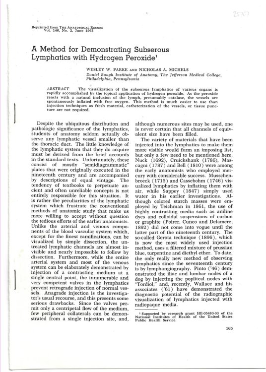 A Method for Demonstrating Subserous Lymphatics with Hydrogen Peroxide. Reprinted from the Anatomical Record Volume 146, No. 2, June 1963