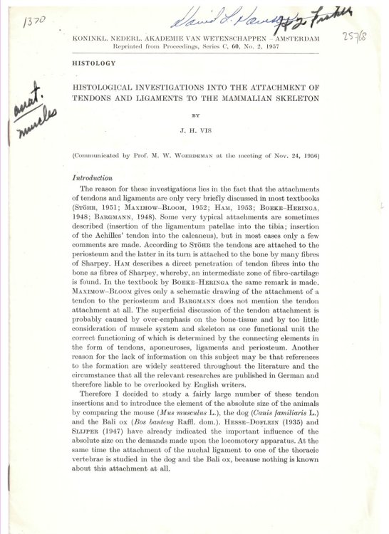 Histological Investigations Into the Attachment of Tendons and Ligaments to the Mammalian Skeleton. Reprinted from the Koninklijke Nederlandse Akademie Van Wetenschappen - Amsterdam. Proceedings, Series C, 60, No. 2, 1957