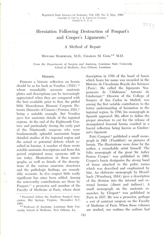 Herniation Following Destruction of Poupart's and Cooper's Ligaments. Reprinted from the Annals of Surgery, Volume 155, No. 5, May, 1962