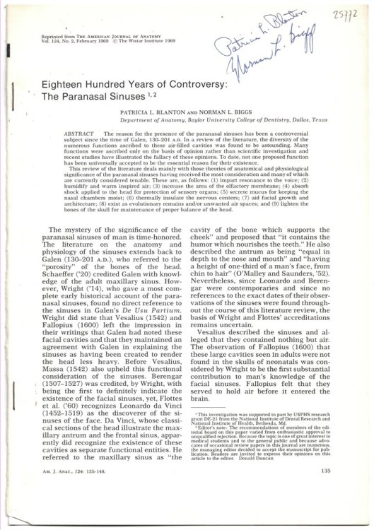 Eighteen Hundred Years of Controversy: the Paranasal Sinuses. Reprinted from the American Journal of Anatomy. Volume 124. No. 2 February 1969 (Signed Copy)