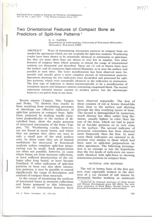 Two Orientational Features of Compact Bone As Predictors of Split-Line Patterns. Reprinted from American Journal of Physical Anthropology Volume 35 No. 1 July 1971