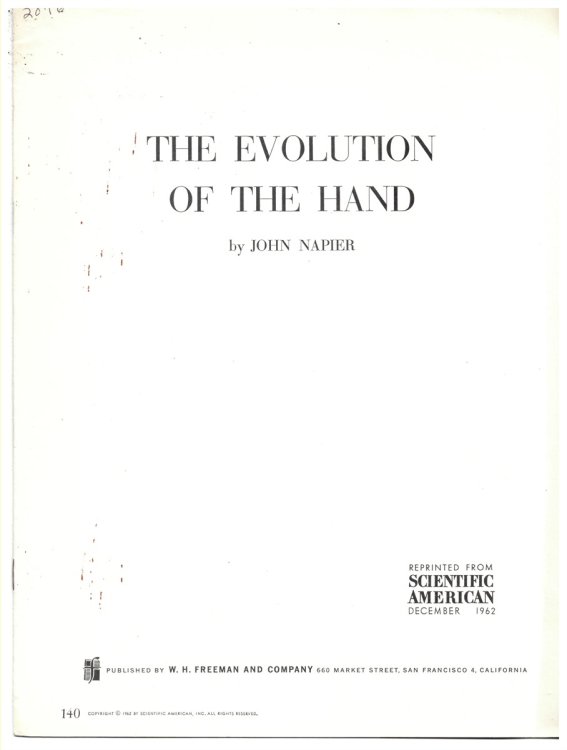 The Evolution of the Hand. Reprinted from Scientific American December 1962