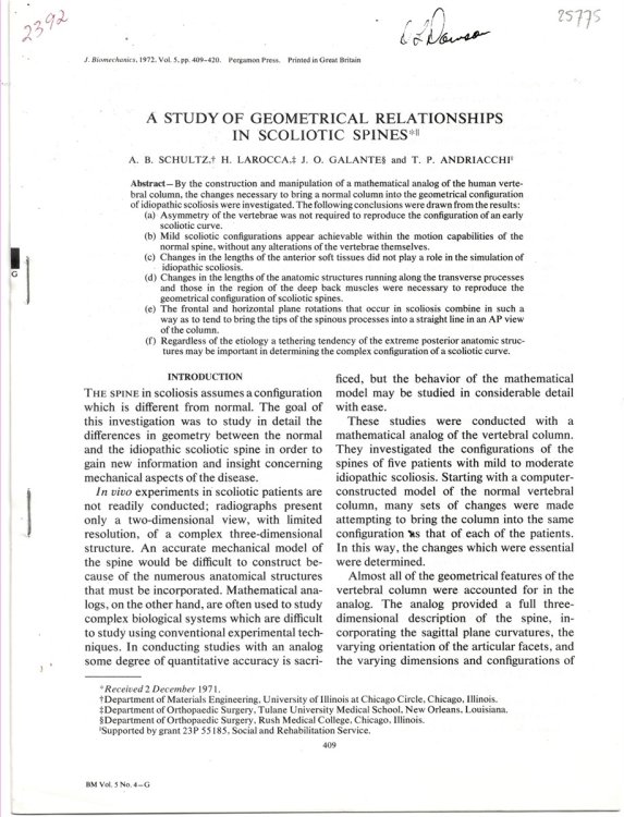 A Study of Geometric Relationships in Scoliotic Spines. Reprinted from the Journal of Biomechanics 1972, Volume 5